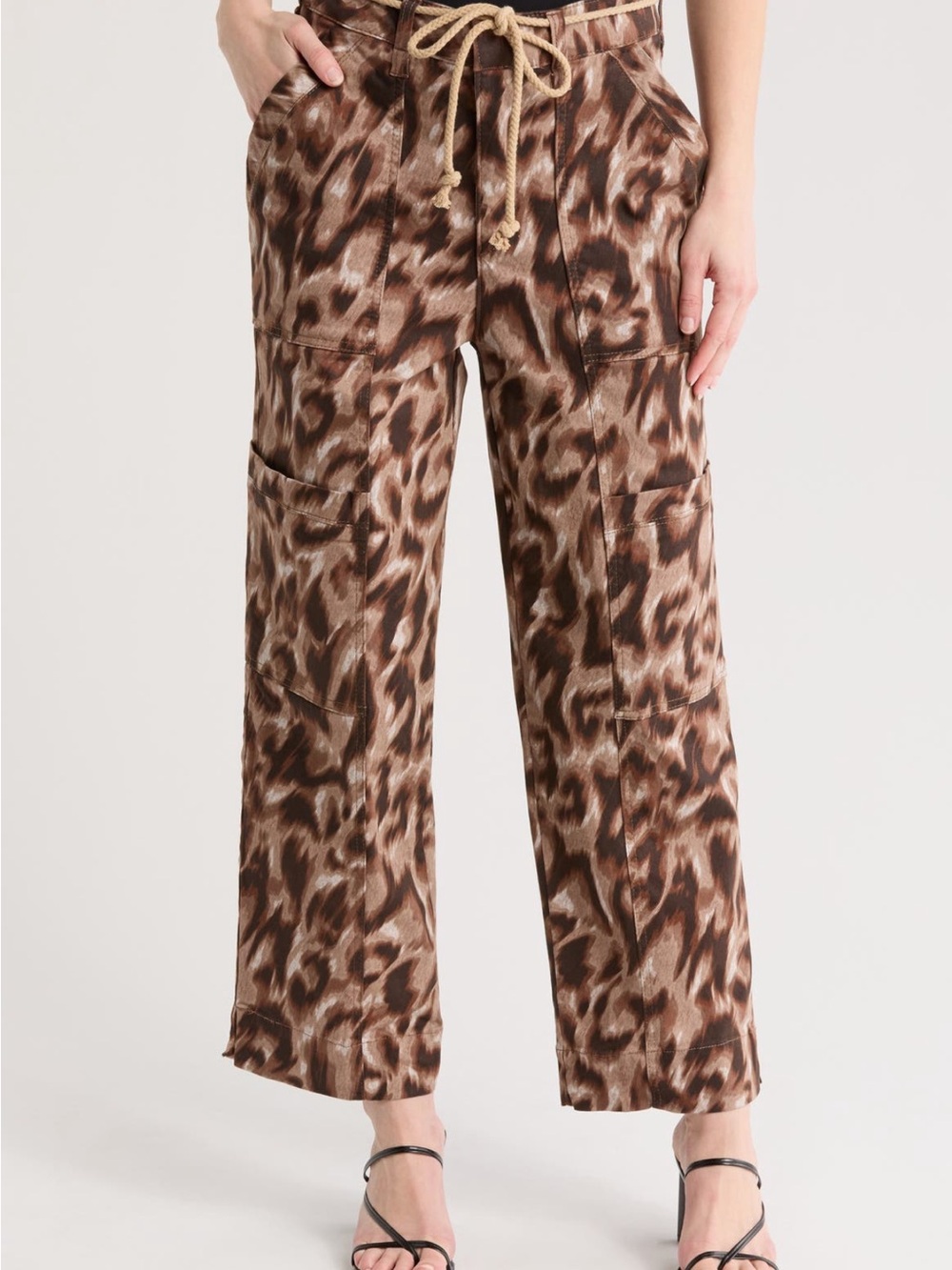 Democracy NWT Belted Cargo Crop Straight Leg Pants Walnut Multi Sz 6
